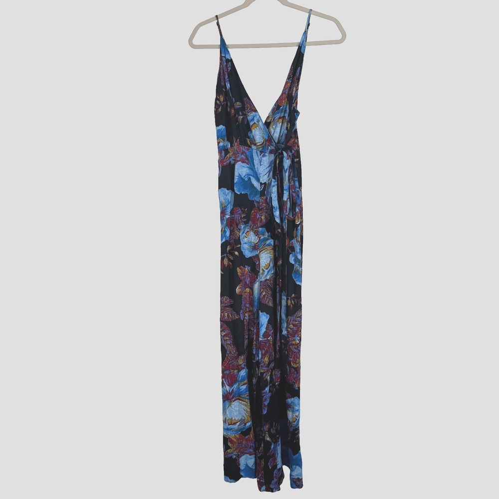 Free People Size 6 Blue Rose Print Wide Leg Jumpsuit Spaghetti Strap Satin Like